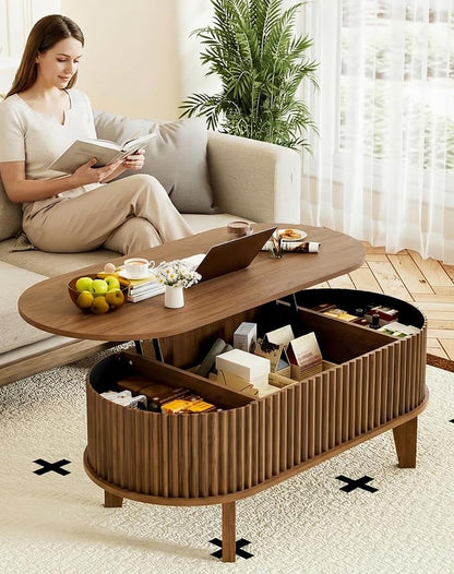 Oval Lift Top Coffee Table with Storage, 41" Wood Fluted Modern Living Room Center Table for Home Office, Walnut
