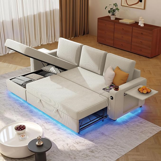 Ball & Cast 80" Sectional Sleeper Sofa Bed Pull Out Couches for Living Room | L Shaped Convertible Pull Out Sofa Bed with Storage Chaise, LED Lights, Foldable Table, USB Ports, Cup Holder and Side Pocket