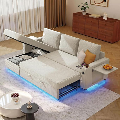Ball & Cast 80" Sectional Sleeper Sofa Bed Pull Out Couches for Living Room | L Shaped Convertible Pull Out Sofa Bed with Storage Chaise, LED Lights, Foldable Table, USB Ports, Cup Holder and Side Pocket