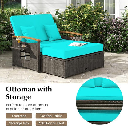 Moccha Outdoor Wicker Daybed, Patio Rattan Loveseat Sofa w/ 4-Level Adjustable Backrest, Folding Panels, Storage Ottoman & Cushions, Lounge Furniture Set for Poolside Backyard Porch (Turquoise)