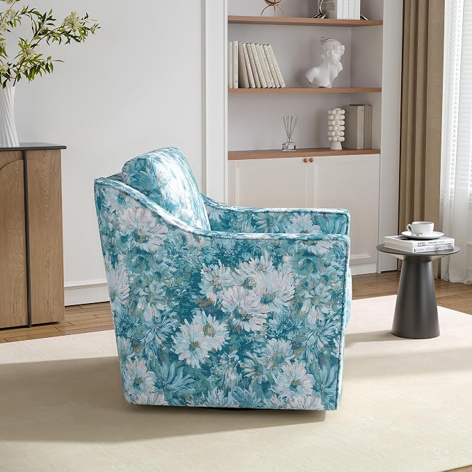 Swivel Accent Chairs Set of 2, 360° Swivel Upholstered Club Armchairs for Living Room, Comfy Fabric Single Sofa Reading Chair with Deep Seat, Metal Swivel Base, Cyan Blooms
