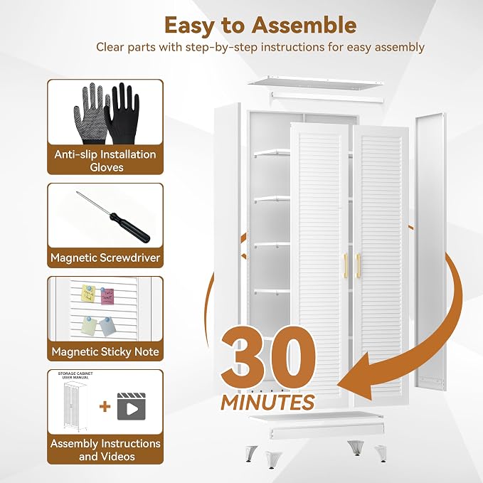 Polup 75" Kitchen Pantry Cabinet, White Metal Storage Cabinet with Doors and 5 Adjustable Shelves, Tall Metal Pantry Cabinets, Large Cupboard for Kitchen, Dining Living Room, Bathroom, Office
