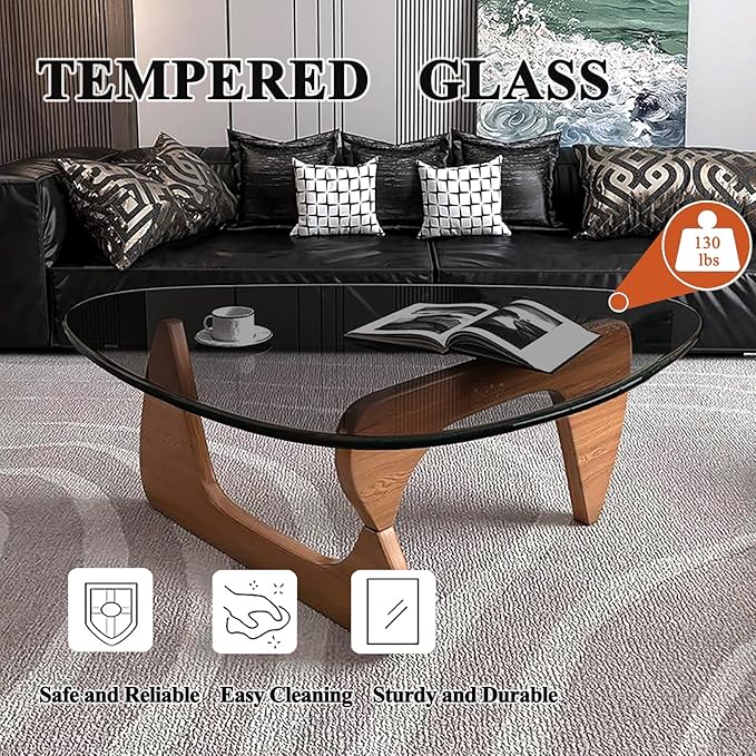 Modern Glass Coffee Table, Mid Century Small Coffee Table, Coffee Table for Living Room,Suitable for Bedroom Living Room Reception Office Tables (Walnut/Grey, Small)