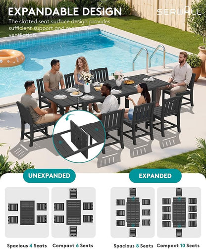 SERWALL 10-Piece Patio Dining Sets with 15FT Patio Umbrella, Black | 60" - 83" Expandable Outdoor Dining Table and 8 HDPE Chairs, All Weather HDPE Outdoor Furniture Set