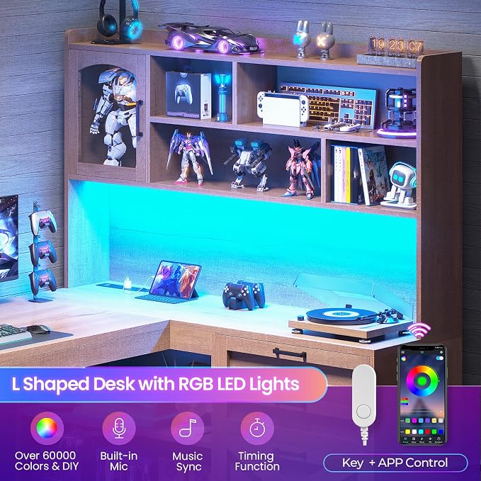 SEDETA Farmhouse L Shaped Office Desk with Drawers, 61” Computer Desk with Storage Shelves and Power Outlet, Corner Gaming Desk with LED Light and Display Cabinet for Home Office, Light Brown