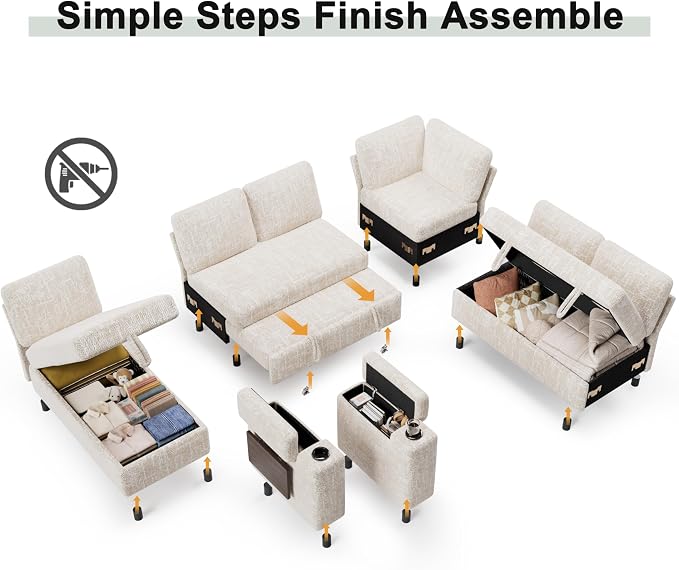 Vipbear Premium 86" Modular Sectional Sleeper Sofa, 5 Seat Sleeper Sofa with Pull Out Bed, L Shaped Couch with Storage Chaise|USB Ports|Cup Holders|Storage Armrests|Side Table, White
