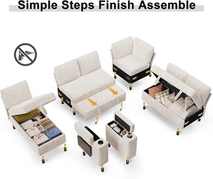 Vipbear Premium 111" Modular Sectional Sleeper Sofa, 7 Seat Sleeper Sofa with Pull Out Bed, L Shaped Couch with Storage Chaise|USB Ports|Cup Holders|Storage Armrests|Side Table, White