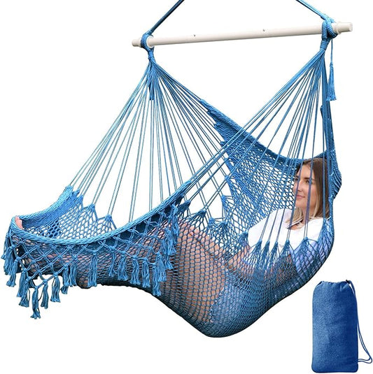 Chihee Hammock Chair Handmade Hanging Chair Cotton Rope Woven Hanging Seat Soft-Spun Large Stretch Hammock Swing, Collapsible Strong Metal Spreader Bar Elegant Macrame Comfort Indoor Outdoor Garden