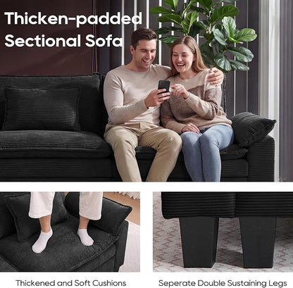 URRED Oversized Modular Sectional Sofa, 122" L Shaped Modern Comfy Cloud Couch with Movable Ottoman & Pillows, Deep Seat Couches for Living Room, Bedroom or Apartment (Corduroy Black, 122" L Shaped)