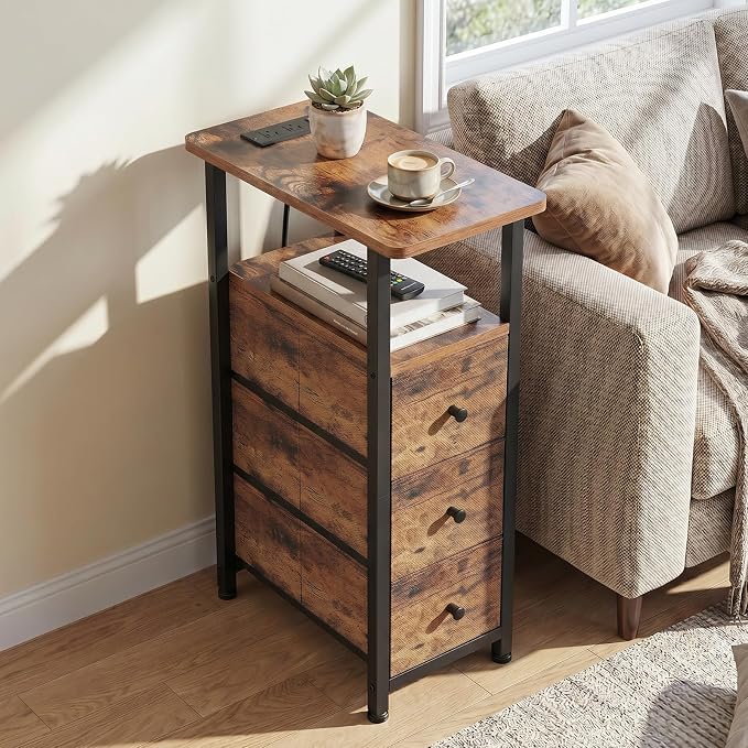 LOAKEKEL Narrow End Tables Living Room Set of 2 with Charging Station, Skinny Side Table with Fabric Drawers, Slim Nightstand for Bedroom, Small Spaces, Couch, Rustic Brown, HETNDP03PBR
