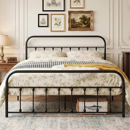 VECELO Queen Metal Platform Bed Frame with Headboard, Heavy Duty Steel Slat Support, Under Bed Storage,No Box Spring Needed, Easy Assembly，Victorian Style