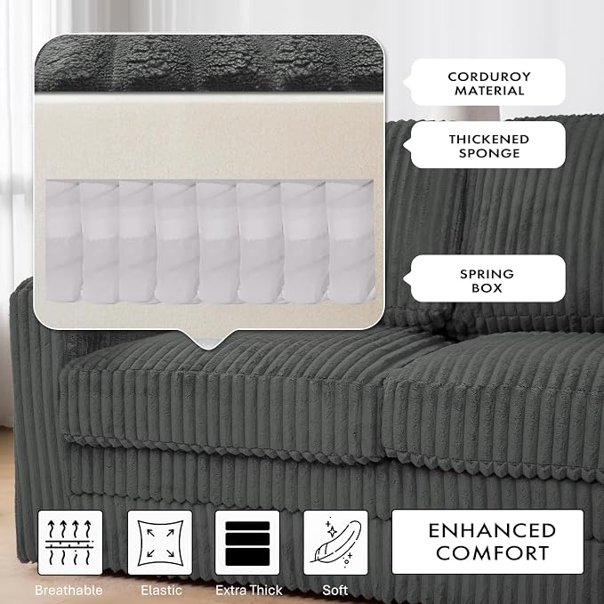 115" Corduroy Sectional Sofa with Storage Ottoman, Modern 7 Seats Corner Couch with Deep Seats, Comfy Modular U Shaped Couch with Comfortable Cushions for Living Room, Grey
