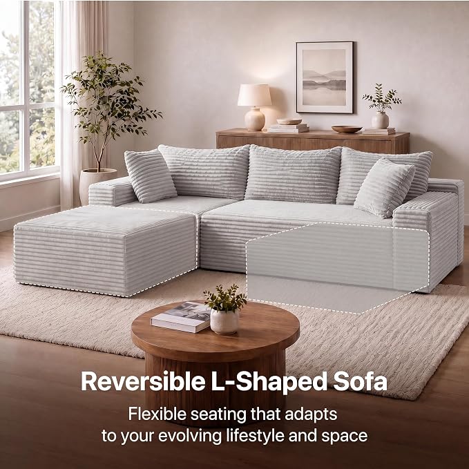Claiks 94" Boneless Couch, Cloud Couch Sectional, L-Shape Corduroy Modular Sectional Sofa Deep Seat, Upholstered Couches for Living Room, No Assembly Required, Light Grey