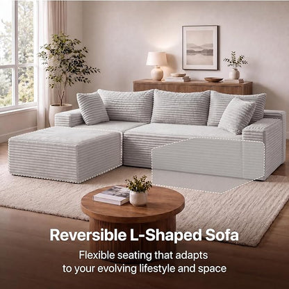 Claiks 94" Boneless Couch, Cloud Couch Sectional, L-Shape Corduroy Modular Sectional Sofa Deep Seat, Upholstered Couches for Living Room, No Assembly Required, Light Grey