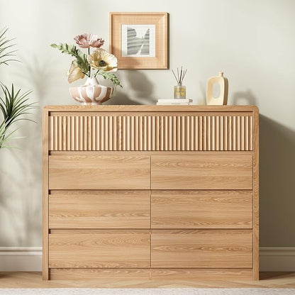 LYNSOM 9 Drawer Dresser for Bedroom, 50" Wide Fluted Dresser with Curved Corners, Wood Dressers & Chests of Drawers with Dual-Panel Design for Bedroom, Entryway, Oak