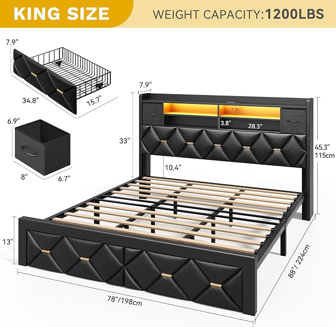 YITAHOME King Size Bed Frame with 2 Storage Drawers and Storage Headboard, Upholstered Platform with Charging Station and LED Light, No Box Spring Needed, Noise Free, Easy Assembly, PU Leather Black