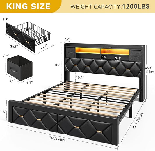DWVO King Size Bed Frame with 2 Storage Drawers and Storage Headboard, Upholstered Platform with Charging Station and LED Light, No Box Spring Needed, Noise Free, Easy Assembly, PU Leather Black