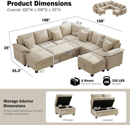 Ihanherry 108" Modular Sectional Sofa with Pull Out Bed, 9-Seater U Shaped Sectional Sleeper Couch with Storage, Chenille Convertible Couches for Living Room, Apartment (Sand)