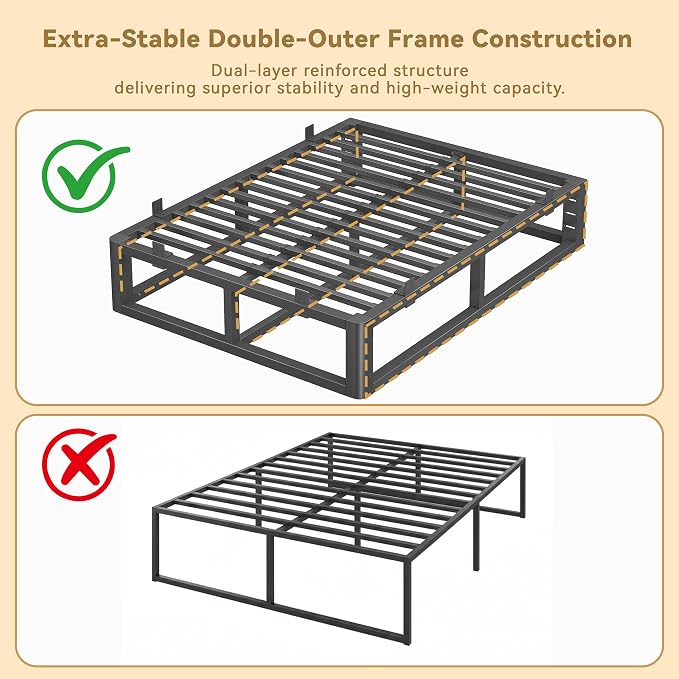 14 Inch King Size Bed Frame with Rounded Corner and Headboard Hole, Metal Platform Bed Frames 6 Non-Slip Guards, 3500lbs Heavy Duty Steel Slat Support, Squeak Free, No Box Spring Needed, Black