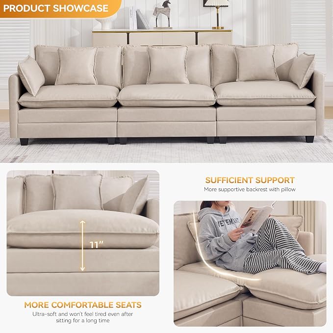 111'' Sectional Cloud Deep Seat Couch, Modern Comfy Leather Modular Sectional Sofa for Living Room Set, Upholstered Modular 3-Seats Sofa Couch, Leather Beige