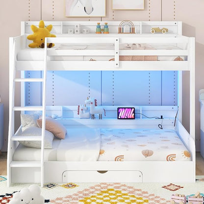 RUNNA Twin Over Full Bunk Bed with Storage Shelves, LED White/LED | Charging Station and a Drawer, Solid Wood Bunk Bed for Kids, Teens, Adults