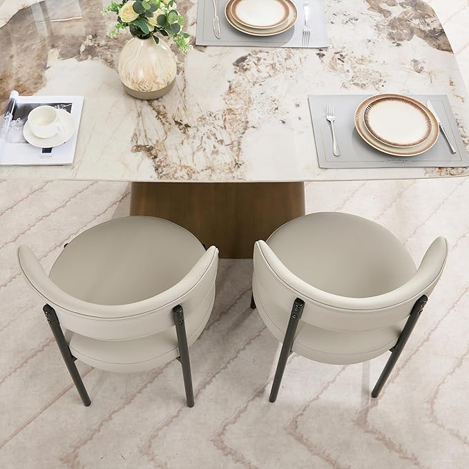 Faux Leather Dining Chairs Set of 6, Upholstered Kitchen and Dining Room Chairs, Mid-Century Modern Dining Chairs with Round Back and Black Metal Legs, Vegan Leather, Beige Grey