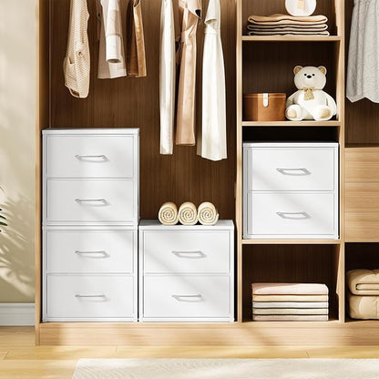 CHOEZON Stackable Storage Drawers for Closet, 2 Drawer Dresser with Wooden Top, Fabric Clothes Organizers with Metal Handles, Closet Organizer with 2 Drawers for Bedroom, Living Room, White TCW30WB