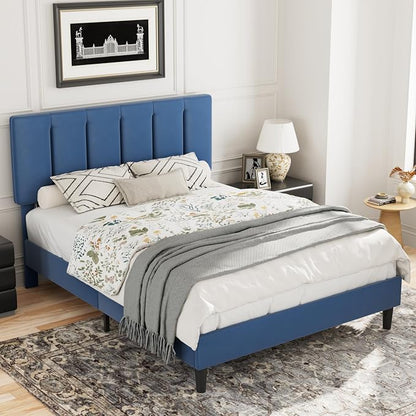 VECELO Queen Bed Frame with Upholstered Headboard, Heavy-Duty Platform Bedframe with Strong Wooden Slats Support, No Boxing Spring Needed, Dark Blue