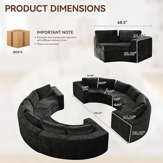 WUTUTUEE 142'' Curved Round Boneless Couch, Oversized Circular Sofa with Deep Seat & Arms, Chenille Modular Sectional Sofa with Pillows, Upholstered Comfy 12 Seat Couch for Living Room, Black