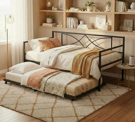 DWVO Twin Daybed with Trundle, Metal Sofa Bed with Adjustable Height,Trundle Bed with Heavy Duty Metal Slats, for Living Room, Bedroom, Guest Room, Space Saving, Black