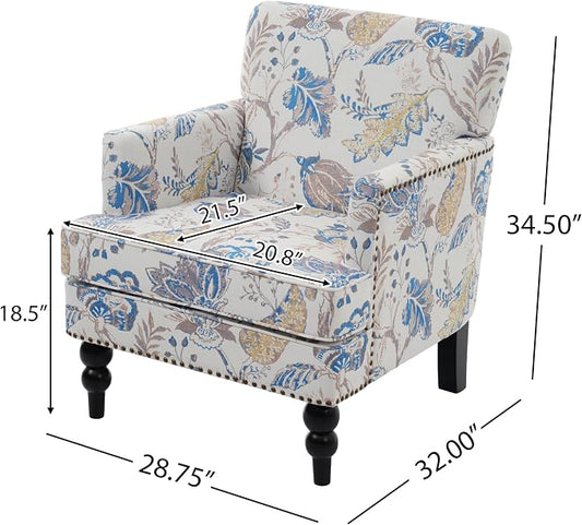 Christopher Knight Home Eve Modern Upholstered Club Chair, Wooden Living Room Accent Chair, Bedroom Comfy Reading Chair, Multifunctional Armchair, Beige+Blue