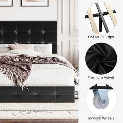 SHA CERLIN Queen Platform Bed Frame with 4 Oversized Storage Drawers, Adjustable Headboard with Velvet Upholstery, Square Button Tufted Design, Wooden Slat Support, No Box Spring Needed, Black