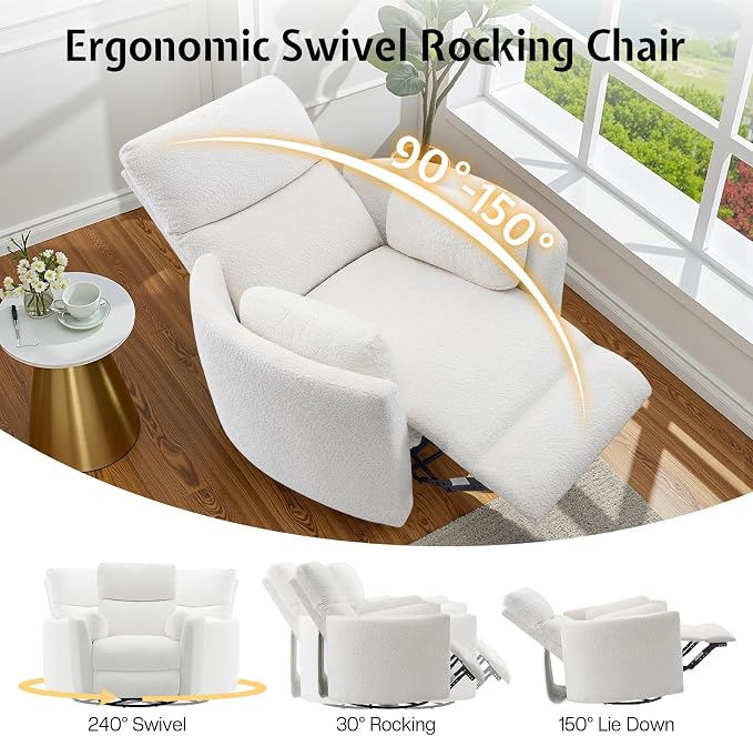 Jocisland Power Recliner Nursery Chair for Adults, Electric Swivel Rocking Glider with USB & Type-C Charge, Teddy Sherpa Armchair with 2 Pillows, Cozy Reclining Sofa for Living Room, Bedroom, White