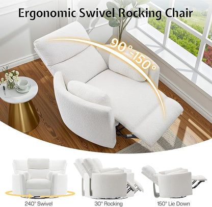 Jocisland Power Recliner Nursery Chair for Adults, Electric Swivel Rocking Glider with USB & Type-C Charge, Teddy Sherpa Armchair with 2 Pillows, Cozy Reclining Sofa for Living Room, Bedroom, White