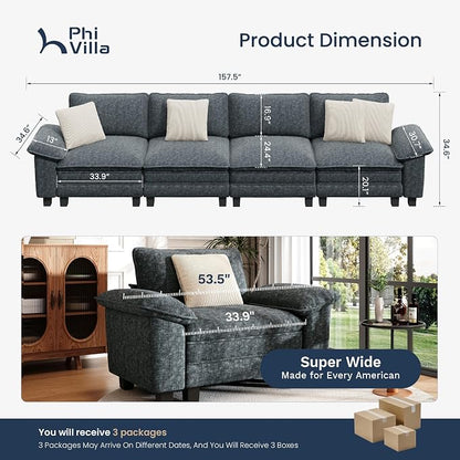PHI VILLA Cloud Modular Couches Sets, 157.5" Sectional Sofa with Upholstered Deep Seat, 4-Seater Long Couches for Living Room Apartment, Chenille Fabric, Dark Cyan