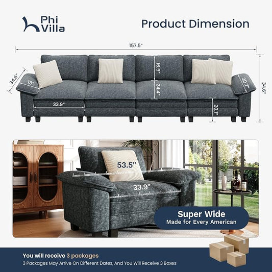 PHI VILLA Cloud Modular Couches Sets, 157.5" Sectional Sofa with Upholstered Deep Seat, 4-Seater Long Couches for Living Room Apartment, Chenille Fabric, Dark Cyan