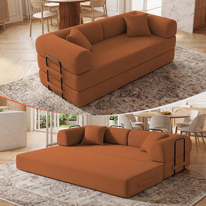 79" Convertible Sleeper Sofa Bed, Corduroy Boneless Fold-Out Couch in a Box, 4-in-1 Loveseat/Futon Couch, High-Density Foam, No Assembly, Side Pockets, 2 Pillows for Small Spaces, Orange