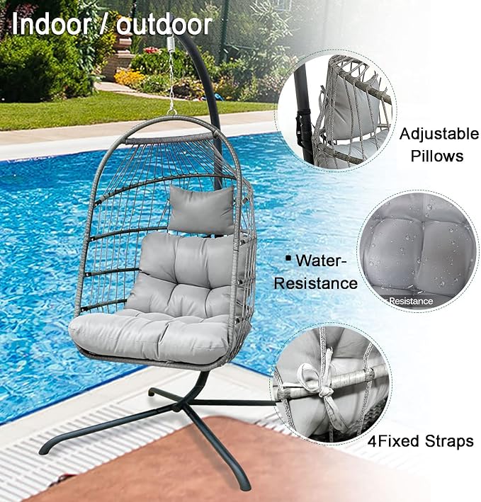 Enipate Outdoor Hanging Egg Chair Cushion, Water-Resistant Tufted Swing Basket Chairs Cushion Pads with Headrest Pillow