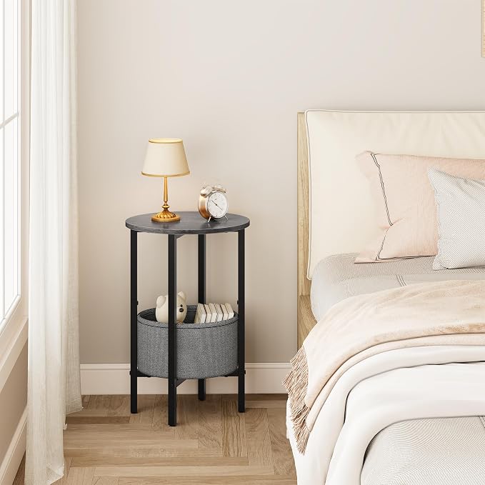 Vagusicc Round Side Table End Table with Storage Basket, Small Side Table Round Nightstand for Small Spaces, Tall Oval End Table with Steel Frame, Coffee Bedside Table for Living Room, Gray Walnut