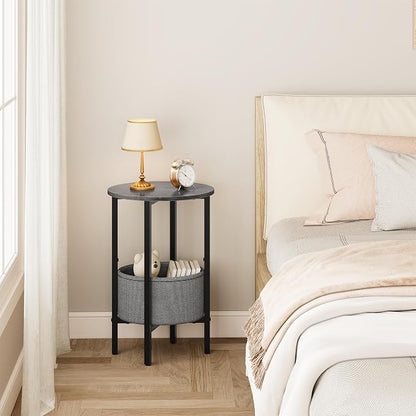 Vagusicc Round Side Table End Table with Storage Basket, Small Side Table Round Nightstand for Small Spaces, Tall Oval End Table with Steel Frame, Coffee Bedside Table for Living Room, Gray Walnut