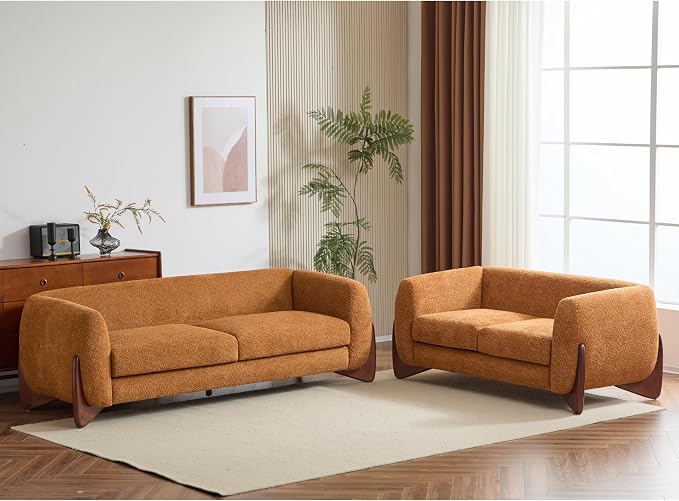 Christopher Knight Home Almad 2 Pieces Sofa Couch Set, Cozy 3-Seater Sofa and Loveseat for Living Room, Upholstered Couch Chair, Soft Seating Lounge Sofa with Wood Frame, Boucle Fabric, Caramel Brown
