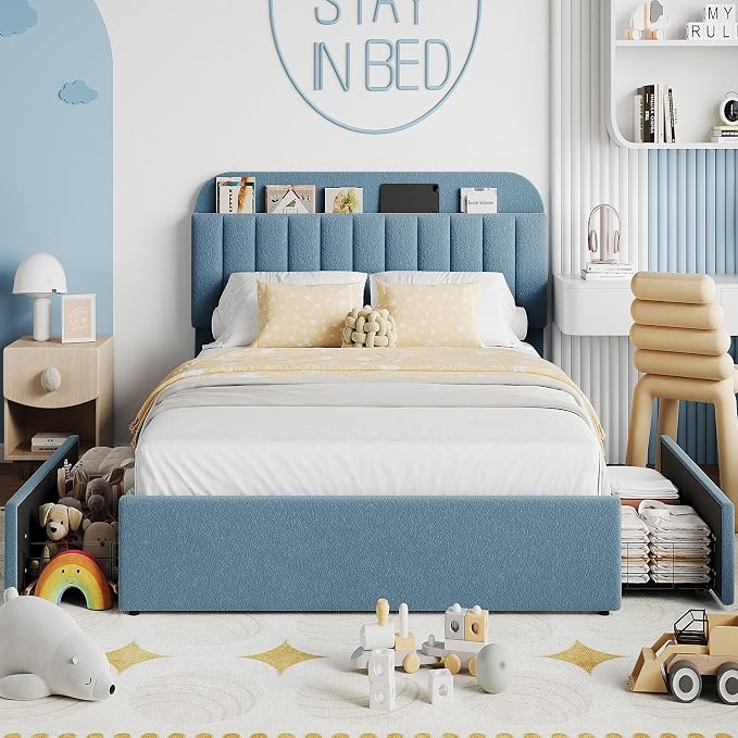 Garvee Full Size Bed Frame with 2 Flexible Drawers, Boucle Upholstered Platform Bed Frame with Bookcase Headboard, Bedframe for Kids/Boys, Easy Assembly, No Box Spring Needed, Noise Free, Blue