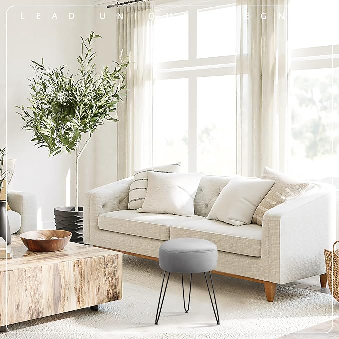 LUE BONA Vanity Stool, Gray Vanity Stools for Makeup Room, Round Ottoman Foot Stool, Velvet Footrest Vanity Chair for Bathroom Vanity, Bedroom, Living Room, Entryway, Offices, 300lbs