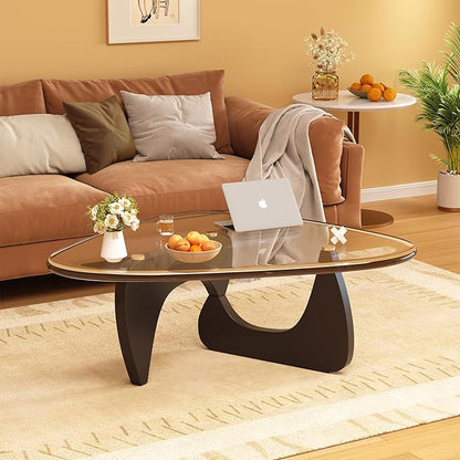 Coffee Table for Living Room Mid Century Modern Center Small Table with Glass Top and Wood, Black Transparent(32 Inch)