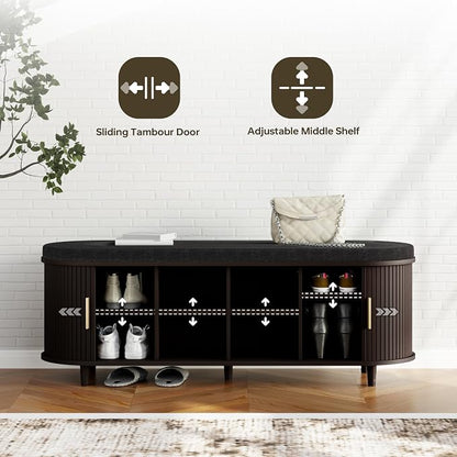 DHH 2-Tier Storage Bench,Wide Shoe Bench with Thickened Padded Seat Cushion, Mid Century Modern Fluted Sliding Door and Adjustable Shelf, for Entryway, Living Room, Bedroom (Dark Walnut, 51.2”)