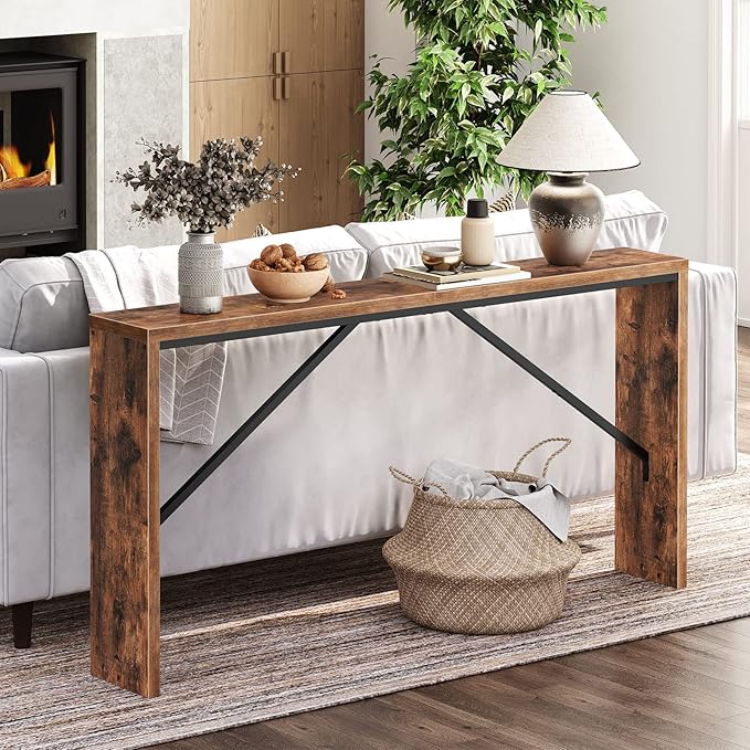 MAHANCRIS Console Table, 62.2" Long Sofa Table Behind Couch, Narrow Entryway Table, Farmhouse Dining Table with Angled Metal Frame, Industrial Console Table for Entryway, Rustic Brown CTHR15801Z