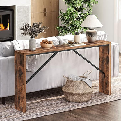 MAHANCRIS Console Table, 62.2" Long Sofa Table Behind Couch, Narrow Entryway Table, Farmhouse Dining Table with Angled Metal Frame, Industrial Console Table for Entryway, Rustic Brown CTHR15801Z