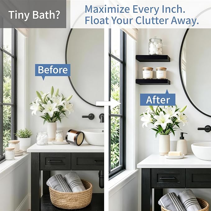 Black Floating Shelves for Wall, Set of 4 Wooden Wall Mounted Shelves for Bathroom Over Toilet, Bedroom, Kitchen, Living Room & Office, Hanging Storage and Wall Decor, 12"x7"x1.5"