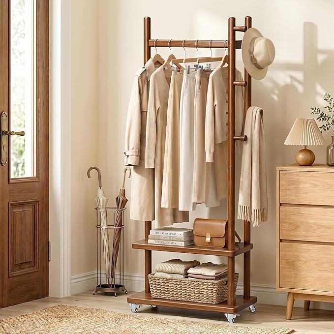 Taitiy Coat Rack Freestanding Clothing Rack with Wheels, Coat Tree Freestanding Heavy Duty with 2 Storage Shelves and 5 Hooks, Wood Garment Rack for Corner Bedroom Hallway Entryway Living Room Hotel