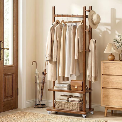 Taitiy Coat Rack Freestanding Clothing Rack with Wheels, Coat Tree Freestanding Heavy Duty with 2 Storage Shelves and 5 Hooks, Wood Garment Rack for Corner Bedroom Hallway Entryway Living Room Hotel